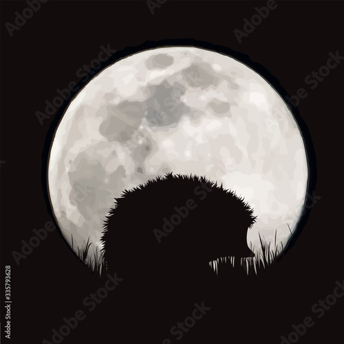 Vector silhouette of hedgehog with moon background. Symbol of night.