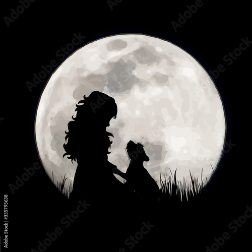 Vector silhouette of girl with dog on moon background. Symbol of night.