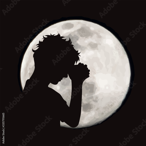 Vector silhouette of praying boy on moon background. Symbol of night.