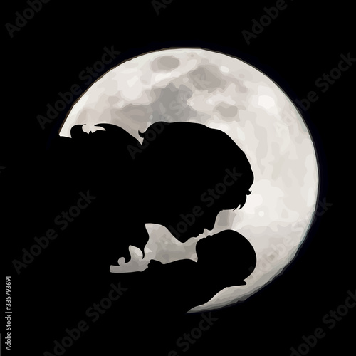 Vector silhouette of mother with baby on moon background. Symbol of night.