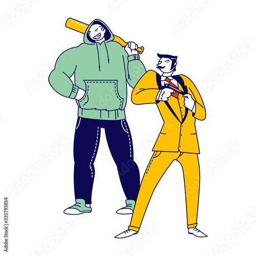 Mafia Bandits or Criminal Male Character Wearing Hoodie Holding Baseball Bat in Hands and Man in Elegant Old Fashioned Suit Hiding Pistol Gun in Blazer Blossom. Linear People Vector Illustration photo