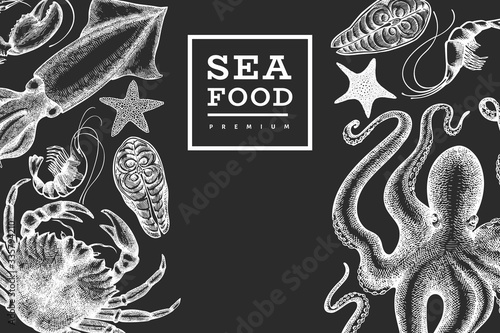 Seafood design template. Hand drawn vector seafood illustration on chalk board. Engraved style food banner. Retro sea animals background