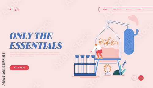 Essential Oil Making Landing Page Template. Woman Perfumer Character Put Ingredients to Distiller Equipment for Distillations Aromatic Production, Perfumery Substance. Cartoon Vector Illustration