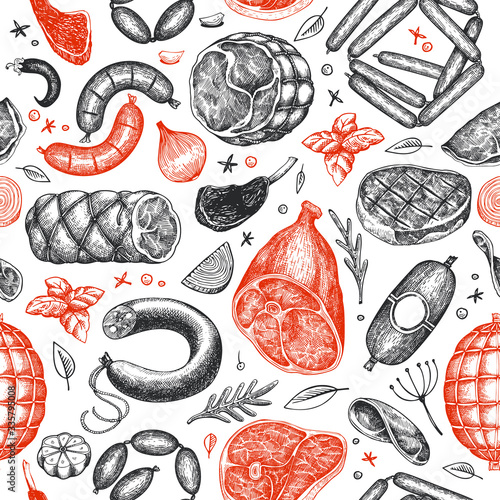 Vintage vector meat products seamless pattern. Hand drawn ham, sausages, jamon, steak, spices and herbs. Raw food ingredients. Retro illustration. Can be use for label, restaurant menu.
