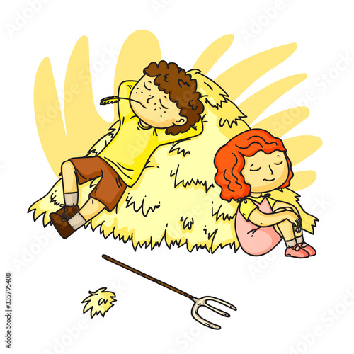 Children rest on straw or hay stack at countryside