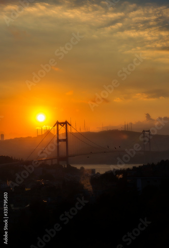 Sunrise and sunset view of Istanbul Bosphorus Bridge.