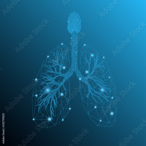 Transparent human lungs in blue color background with light low poly effects.