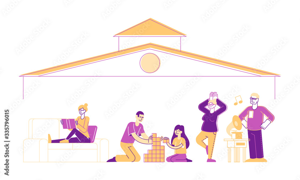 Fototapeta premium Stay Home, Self Isolation Concept. Male and Female Characters Sitting under House Roof Engaging Various Hobby Activities Reading, Playing with Kids, Yoga Exercising. Linear People Vector Illustration