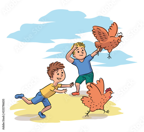 Two misbehavior boy friends chase hen on farm yard