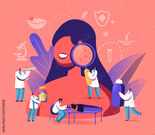 Dermatology Concept. Tiny Doctors Characters around of Huge Woman with Facial Problems. People Visit Clinic for Treatment and Cosmetology Procedures, Medicine for Skin. Cartoon Vector Illustration