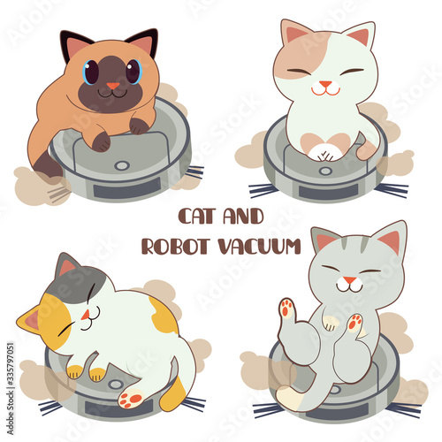 The collection of cute cat with robot vaccuum set on the white background. The character of cute cat playing and sleepping on the robot vaccuum. The character of cute cat in flat vector style.