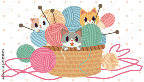 The character of cute cat playing in the yarn in the big basket on the white background and pink polka dot. The character of cute cat with ball of yarn and knitting set.
