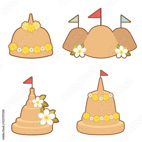 The collection of cute sand pagoda set on the white background. The sand pagoda in cute flat vector style. The party flag. The cute plumeria or frangipani flower in flat vector style.