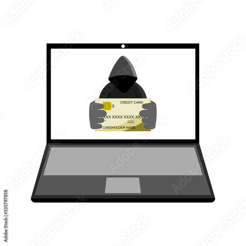 Credit card hacking symbol on a labtop screen, a labtop on a white background