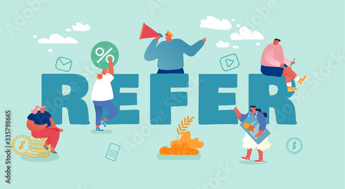 Affiliate Partnership Concept. People Characters Listening to Man Speaking with Megaphone. Referral Program, Network Marketing, Refer a Friend Business Poster Banner Flyer. Cartoon Vector Illustration
