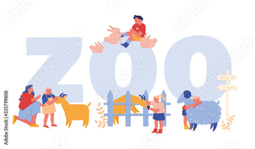 Little Kids Visit Farming Zoo with Parents Concept. Children Characters Petting Domestic Animals Sheep, Rabbits and Goat, People Spend Time on Weekend. Poster Banner Flyer Cartoon Vector Illustration