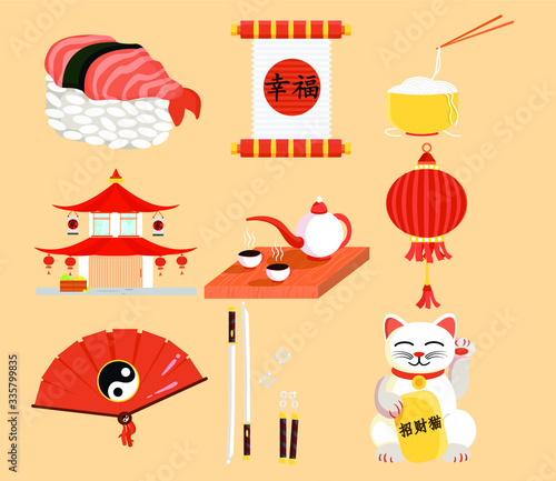 Set of Chinese traditional icons. Translation of hieroglyph on the flag - 