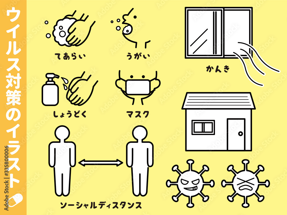 ウイルス対策のイラスト セット うがい 手洗い マスク Stock Vector Adobe Stock