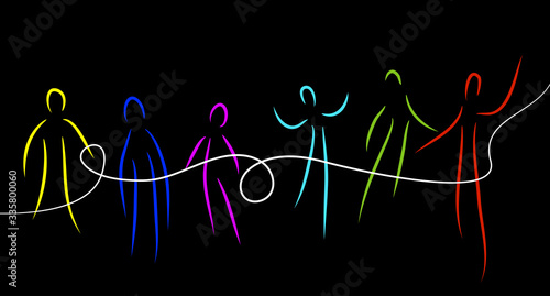 connect the people concept, crowd of vivid colored people connected with one white line, communication creative contemporary idea,