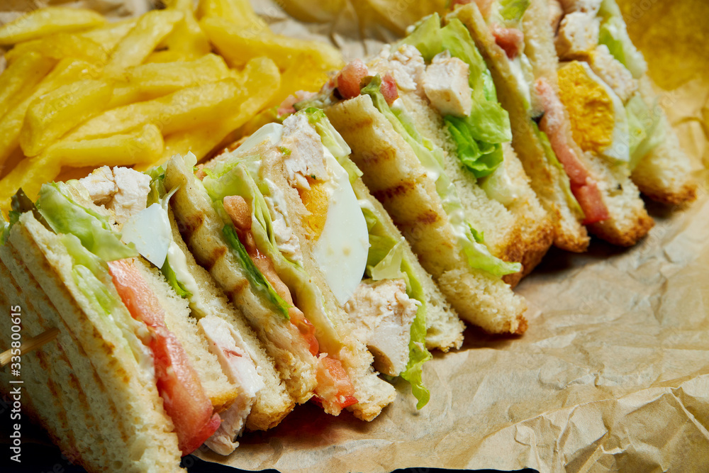 Club Sandwich with ham, tomatoes, pickled cucumber, egg, cheese and lettuce on a wooden tray. Close up. Tasty fast food. Colored background Club Sandwich with ham, tomatoes, pickled cucumber, egg, cheese and lettuce on a wooden tray. Close up. Tasty fast food. Colored background