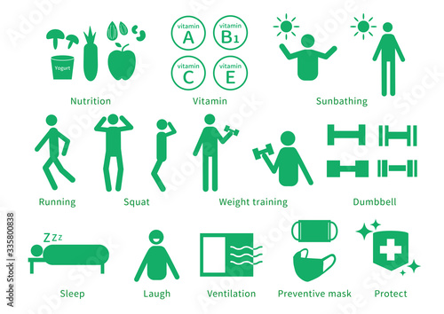 免疫 上昇 アップ 上げる 栄養 ビタミン 日光浴 運動 マスク 対策 アイコン ベクター AI eps 素材