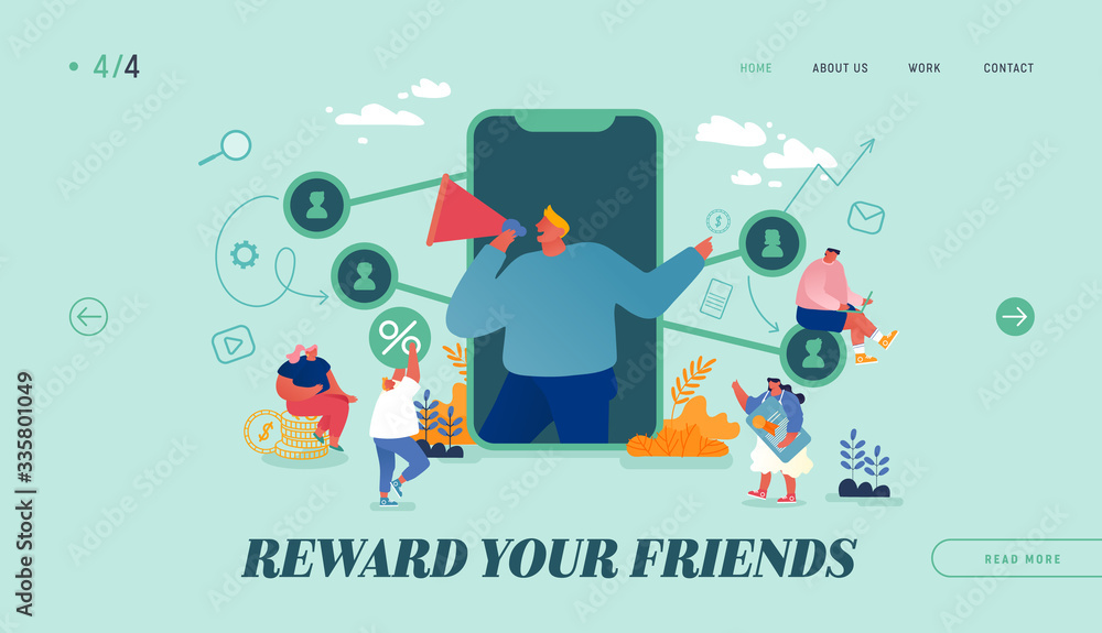Referral Program Landing Page Template. Salesman Character Shouting to Megaphone Attracting Audience to Refer Friends. People Connected with Internet Relationship Network. Cartoon Vector Illustration Referral Program Landing Page Template. Salesman Character Shouting to Megaphone Attracting Audience to Refer Friends. People Connected with Internet Relationship Network. Cartoon Vector Illustration