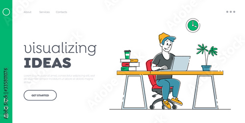 Remote Freelance Work Landing Page Template. Man Freelancer Sitting in Armchair Working Distant on Laptop. Creative Employee Programmer or Designer Character Work at Home. Linear Vector Illustration