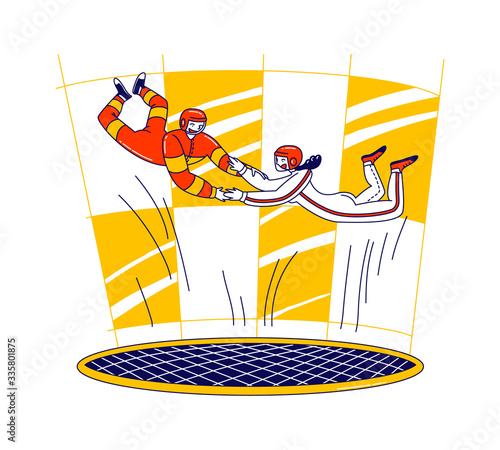 Happy Couple Holding Hands Flying in Wind Turbine. Male Female Characters Extremal Sport Experience and Recreation Spare Time. Skydiving Hobby, Free Fall Aerobatic. Linear People Vector Illustration