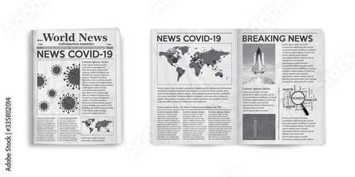Realistic vector illustration of the page and cover of black and white newspaper layout. photo