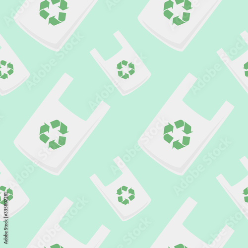 Plastic bag icon isolated seamless pattern with recycle symbol. Disposable cellophane and polythene package prohibition sign. Vector Illustration