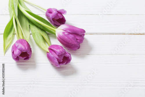 Fototapeta Naklejka Na Ścianę i Meble -  violet  tulips on white wooden background