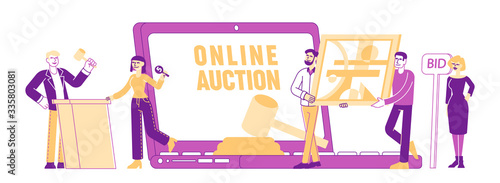 Online Auction Concept. People Buying Assets in Internet. Tiny Male and Female Characters around of Huge Laptop and Gavel Holding and Rising Bid Boards Poster Banner Flyer Linear Vector Illustration © wooster