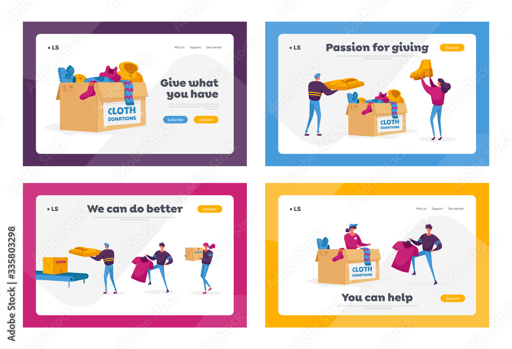 Fototapeta premium Social Altruism, Donation and Charity Landing Page Template Set. Characters Filling Boxes with Different Clothes for Poor People who Appears in Complicated Life Situation. Cartoon Vector Illustration