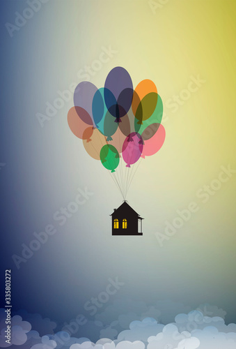 stay home concept, save life stay home, house hanging on the colored flying ballons in the sky, home isolation,