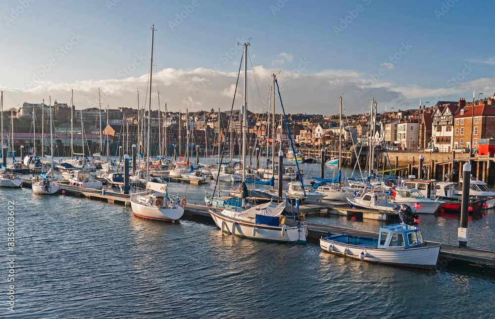Marina in seaside town with sailing yachts