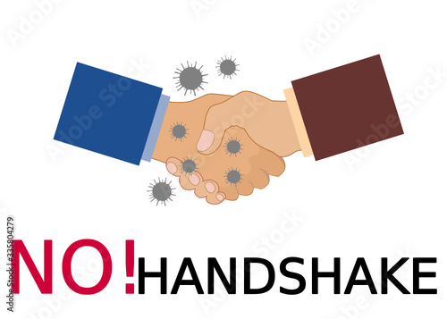 A warning sign with two hands shaking with a wrong sign above. It’s followed the COVID19 concept. We should no longer to greeting people by handshake. Stop spreading germs by handshake.