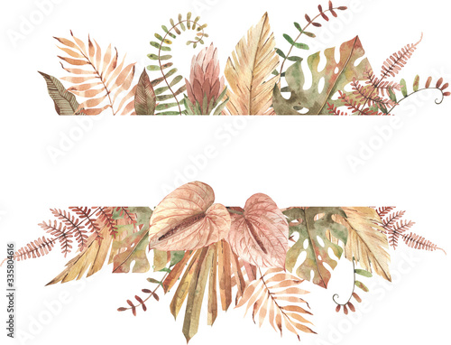 frame with watercolor hand painted tropical leaves. Monstera, fern, protea, anthurium, palm, banana leaf. Exotic plants in pastel colors. High quality clipart for wedding supplies, greeting cards.