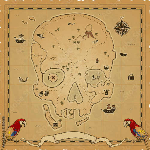 Square pirate cartography map shaped like a skull with a frame, a banner, a compass and parrots. Includes various icons: galleon, shark, ships, rum, treasure, canon, barrel, lighthouse, raft, mermaid.
