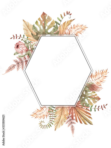 frame with watercolor hand painted tropical leaves. Monstera, fern, protea, anthurium, palm, banana leaf. Exotic plants in pastel colors. High quality clipart for wedding supplies, greeting cards.