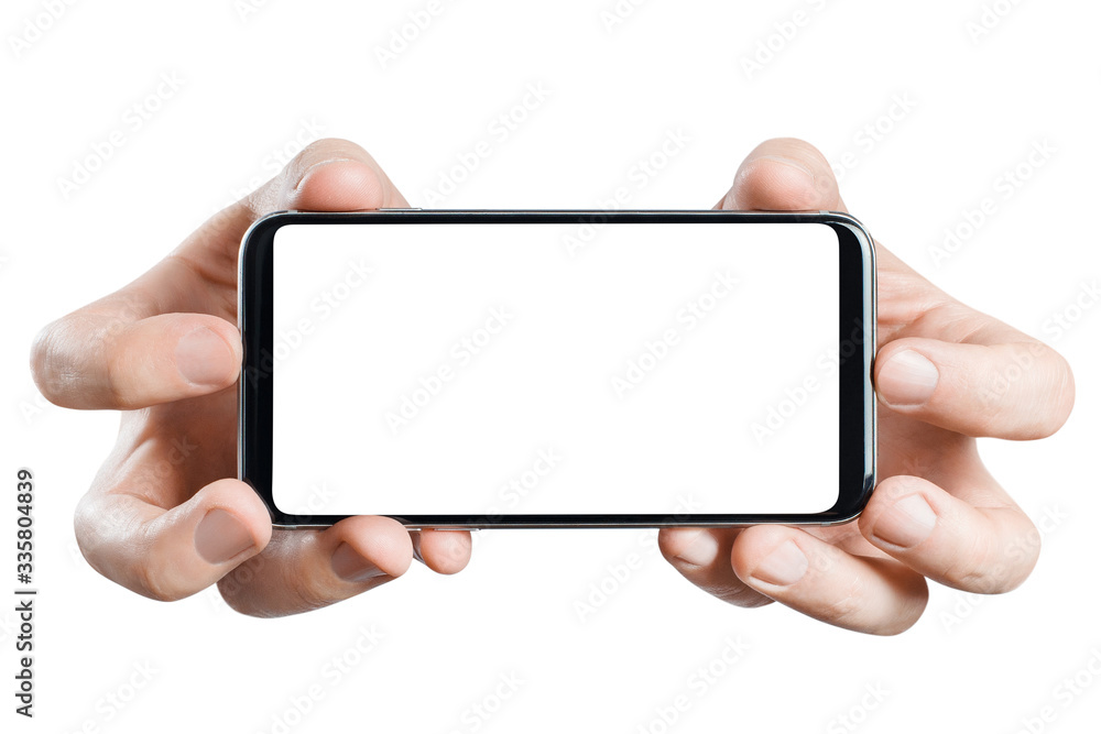 Hands holding black smartphone , isolated on white background Hands holding black smartphone , isolated on white background