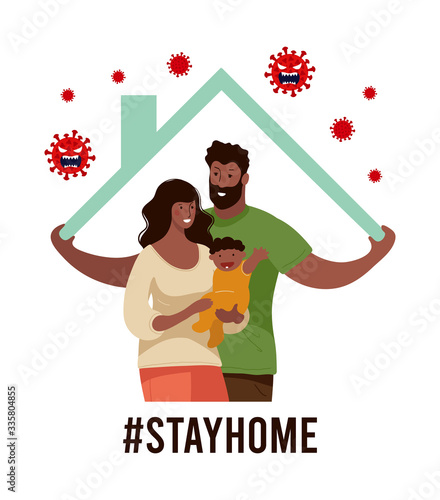 A black family in self-isolation at home. Poster stay home during the coronavirus epidemic CoVID-19. Fight the spread of the disease, protect yourself, help doctors. Concept flat vector illustration.
