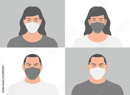 People in medical face mask. Concept for air pollution protection, disease prevention or hygiene design. Coronavirus COVID-19 virus. Flat Style.