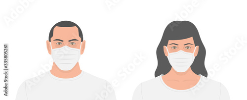 People in medical face mask. Concept for air pollution protection, disease prevention or hygiene design. Coronavirus COVID-19 virus. Flat Style.