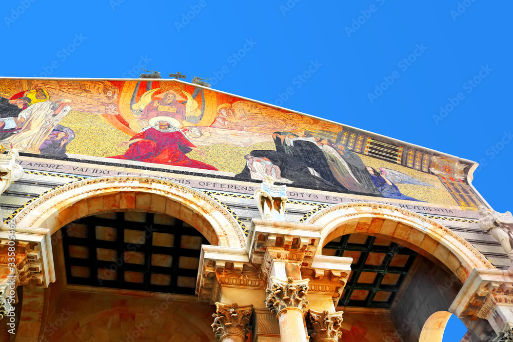 Top view of Church of All Nations also known as the Basilica of the Agony. It is a Roman catholic church located on the Mount of Olives, Jerusalem, Israel
