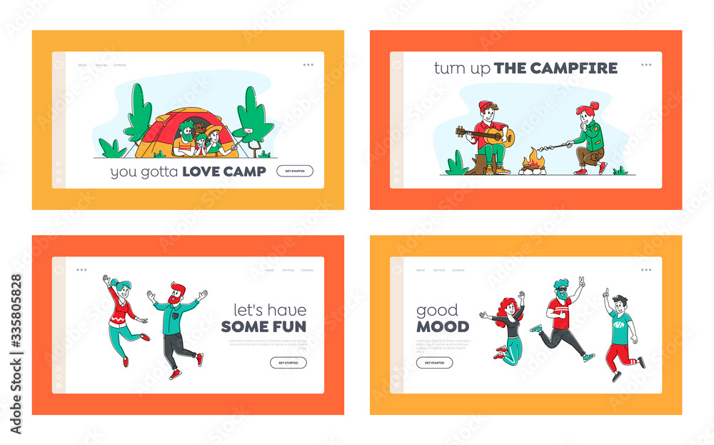 Happy People Jumping, Characters Backpacking Hobby Landing Page Template Set. Group of Friends Company Jumping with Hands Up. Happy Family in Camping Tent, Couple at Fire. Linear Vector Illustration