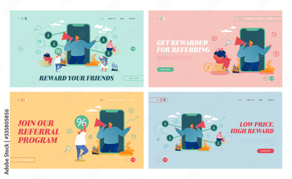 Referral Program, Refer a Friend Landing Page Template Set. Salesman Character Shouting to Megaphone Attracting Audience. People Connected with Internet Worldwide Network. Cartoon Vector Illustration