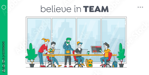 Business People Characters Discussing Idea in Office Landing Page Template. Team Project Development, Teamwork Process. Creative Employees Working on Laptop and Communicate. Linear Vector Illustration