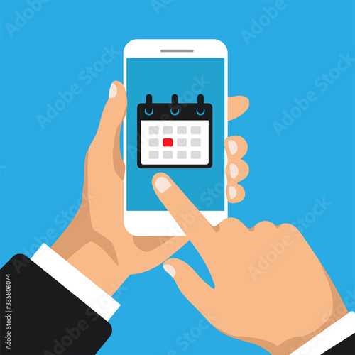 Man holds phone and chooses date on a calendar. Deadline concept. Vector illustration. 