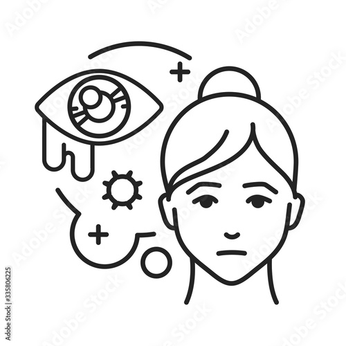 Lacrimation black line icon. Flu symptom. Abnormal or excessive secretion of tears due to local or systemic disease. Pictogram for web page, mobile app, promo. UI UX GUI design element.