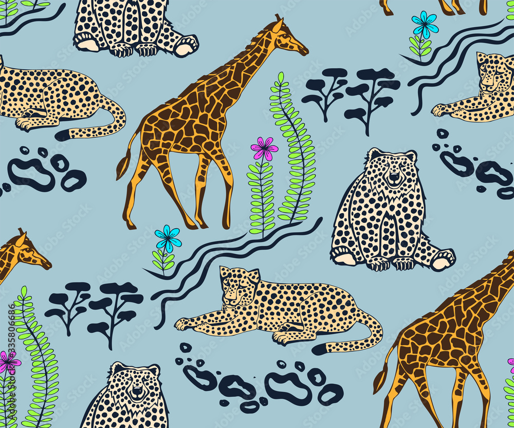 Obraz premium Vector background hand drawn exotic wild animals. Hand drawn ink illustration. Modern ornamental decorative background. Vector pattern. Print for textile, cloth, wallpaper, scrapbooking
